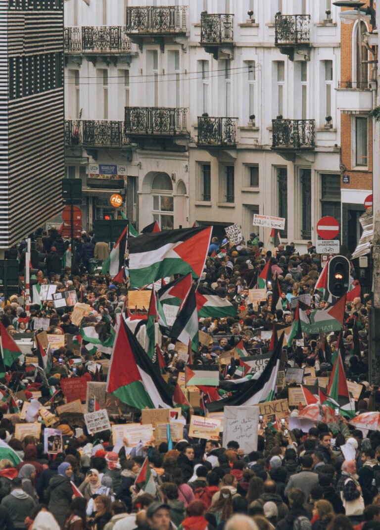 Crowd gathering in Brussels, Belgium, supporting Palestinian rights with banners and flags.